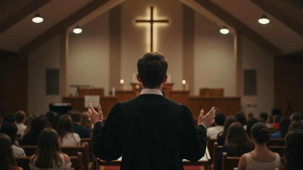 Pastor pregando no púlpito para congregação em igreja moderna"