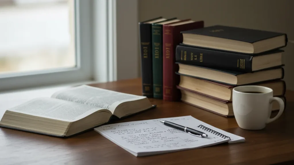 Estudante lendo Bíblia em mesa de estudos com livros de teologia e cadernos de anotações