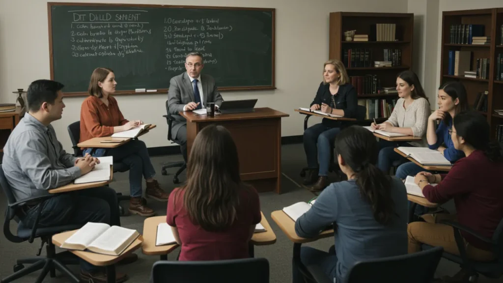 Sala de aula de seminário teológico com estudantes e professor discutindo estudos bíblicos
