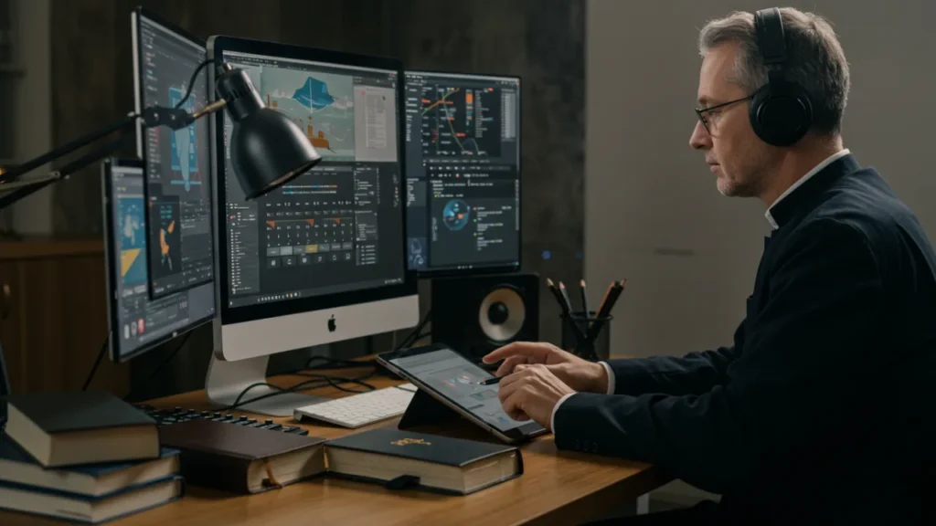  "Teólogo utilizando tecnologia moderna para ensino bíblico online e presencial"